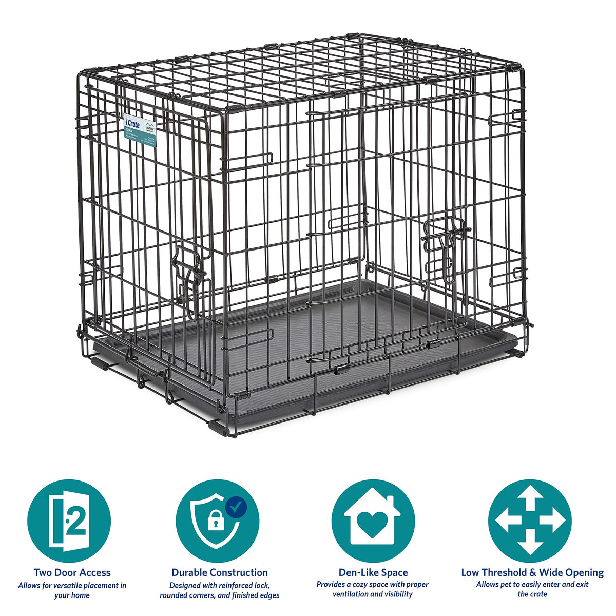 MidWest Homes for Pets 24-Inch iCrate for Small Breeds, 12-20 lbs, Double Door Folding Dog Crate with Divider Panel, Leak-Proof Tray & Secure Latches, Portable, Durable & Easy to Assemble