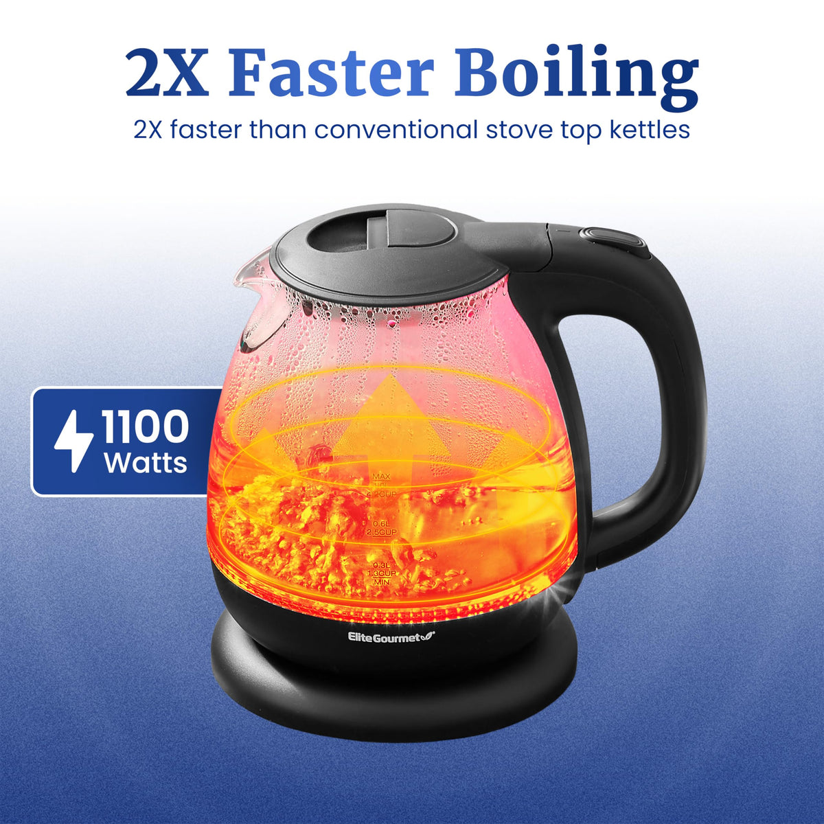 Elite Gourmet EKT1001 Electric BPA-Free Glass Kettle, Cordless 360° Base, Stylish Blue LED Interior, Handy Auto Shut-Off Function – Quickly Boil Water For Tea & More, Black, 1L