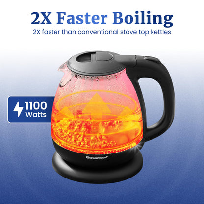Elite Gourmet EKT1001B Electric BPA-Free Glass Kettle, Cordless 360° Base, Stylish Blue LED Interior, Handy Auto Shut-Off Function – Quickly Boil Water for Tea & More, 1L, Graphite Black