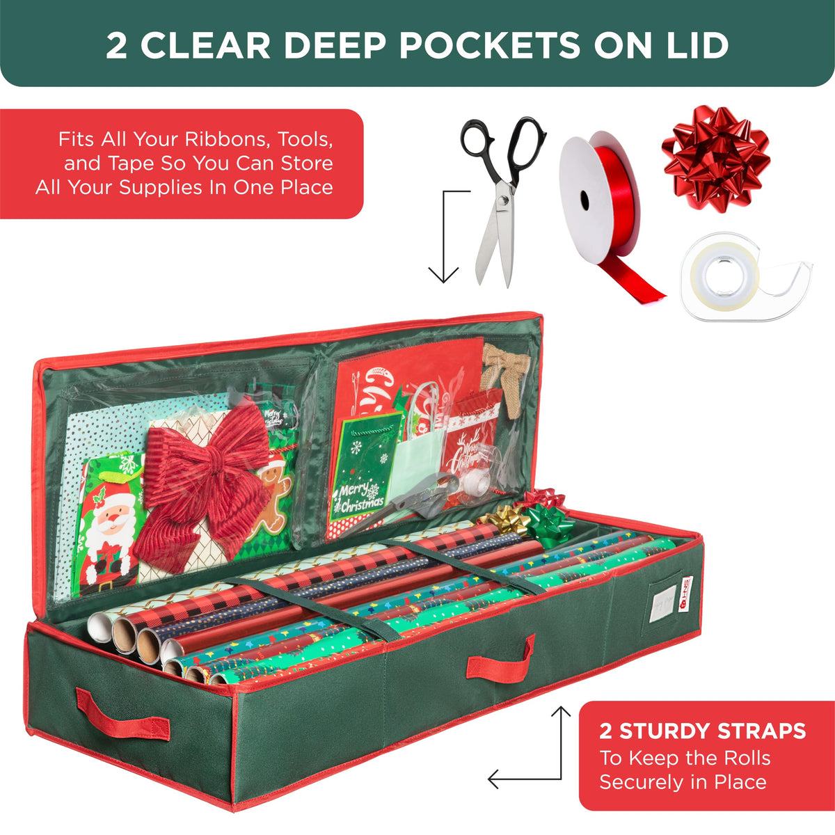 HOLDN' STORAGE Premium Wrapping Paper Storage Container - Durable 600D Tear-Proof, Fits 27 Rolls Gift Wrap, Extra Pockets for Ribbons & Bows, Underbed Storage - Ideal for Holiday Christmas, Green 🍁 All In One Marketplace Canada
