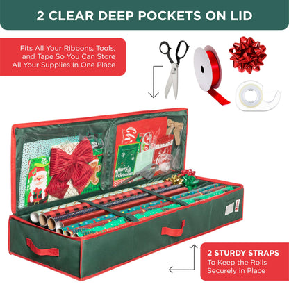 HOLDN' STORAGE Premium Wrapping Paper Storage Container - Durable 600D Tear-Proof, Fits 27 Rolls Gift Wrap, Extra Pockets for Ribbons & Bows, Underbed Storage - Ideal for Holiday Christmas, Green 🍁 All In One Marketplace Canada
