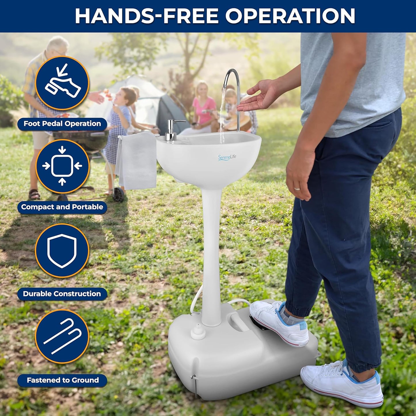SereneLife, Portable Sink, Camping Hand Wash Basin with Water Tank and Rolling Wheels, Perfect for Indoor and Outdoor Use, Events, Worksites and More SereneLife