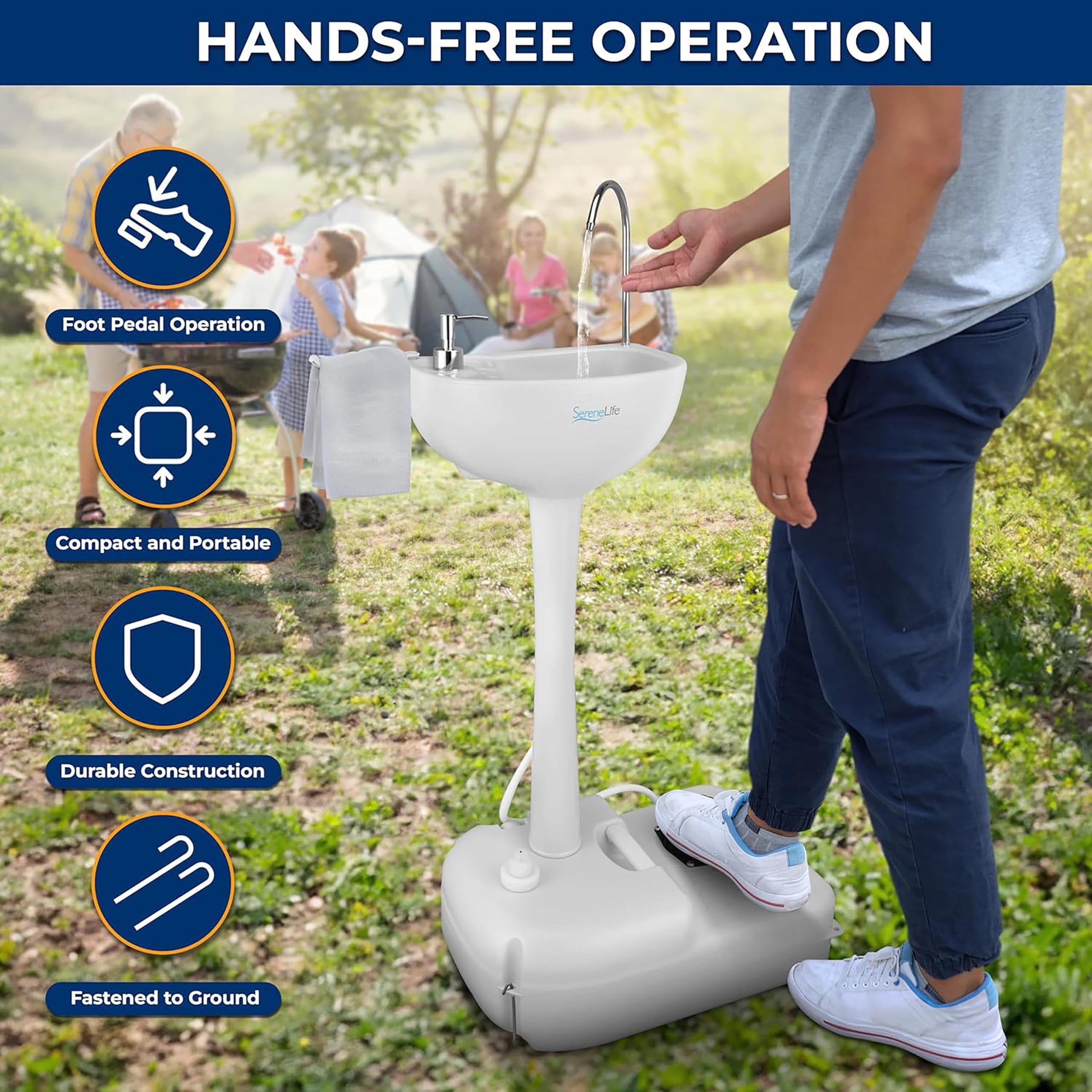 SereneLife, Portable Sink, Camping Hand Wash Basin with Water Tank and Rolling Wheels, Perfect for Indoor and Outdoor Use, Events, Worksites and More SereneLife