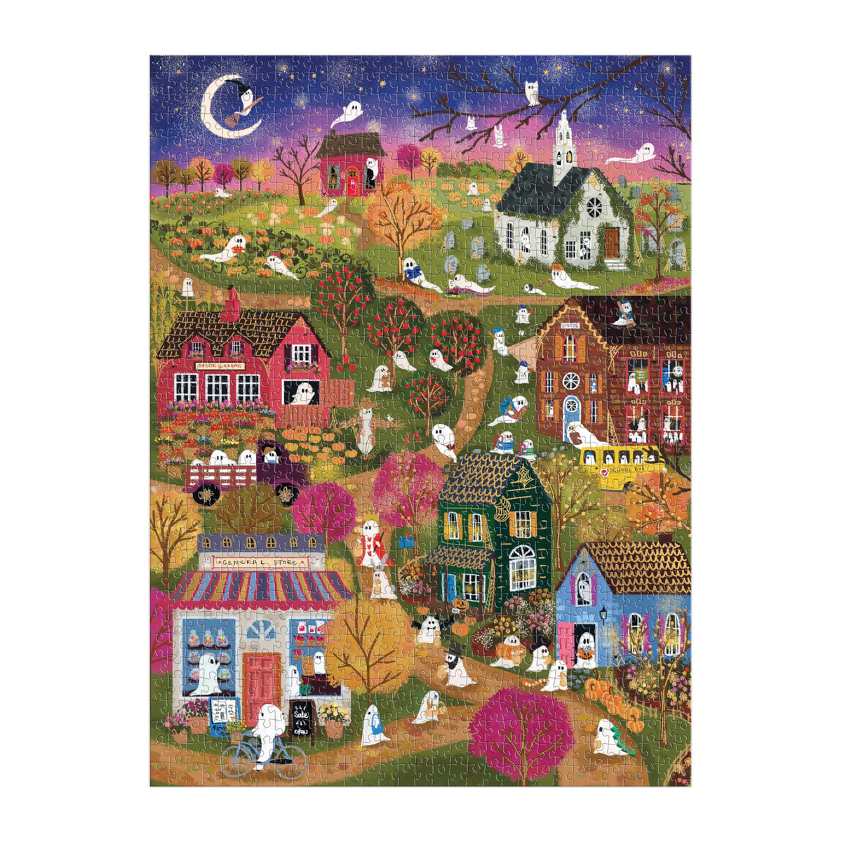 Galison Spooky Village – 1000 Piece Foil Joy Laforme Jigsaw Puzzle Featuring Spooky Artwork of Ghostly Village During Halloween