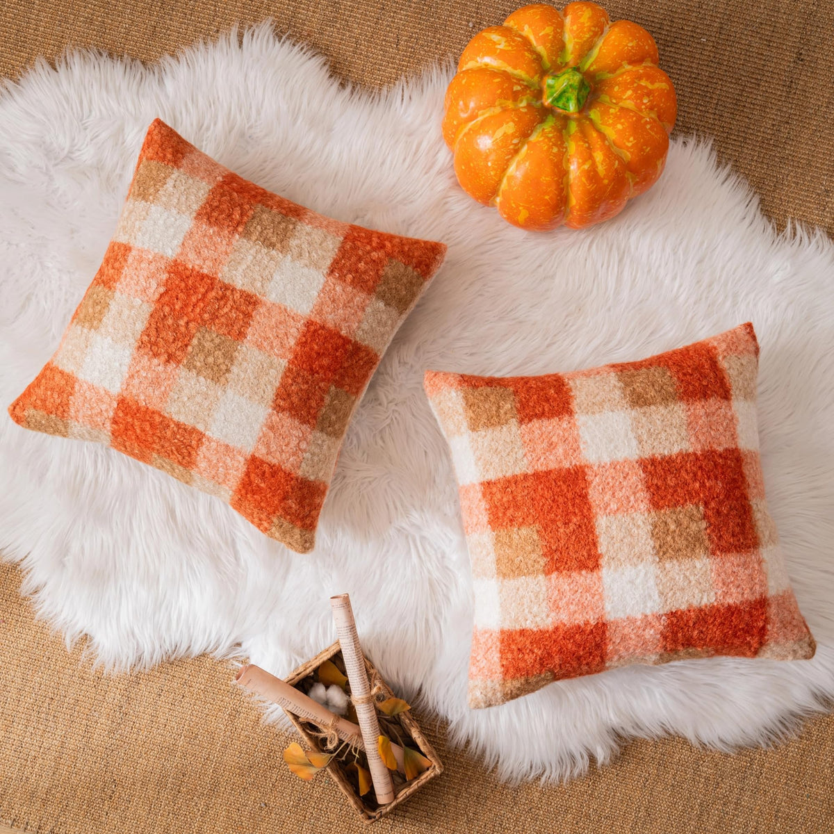 AQOTHES Plaid Fall Throw Pillow Covers Orange 20x20 Inch Set of 2 🍁 All In One Marketplace Canada