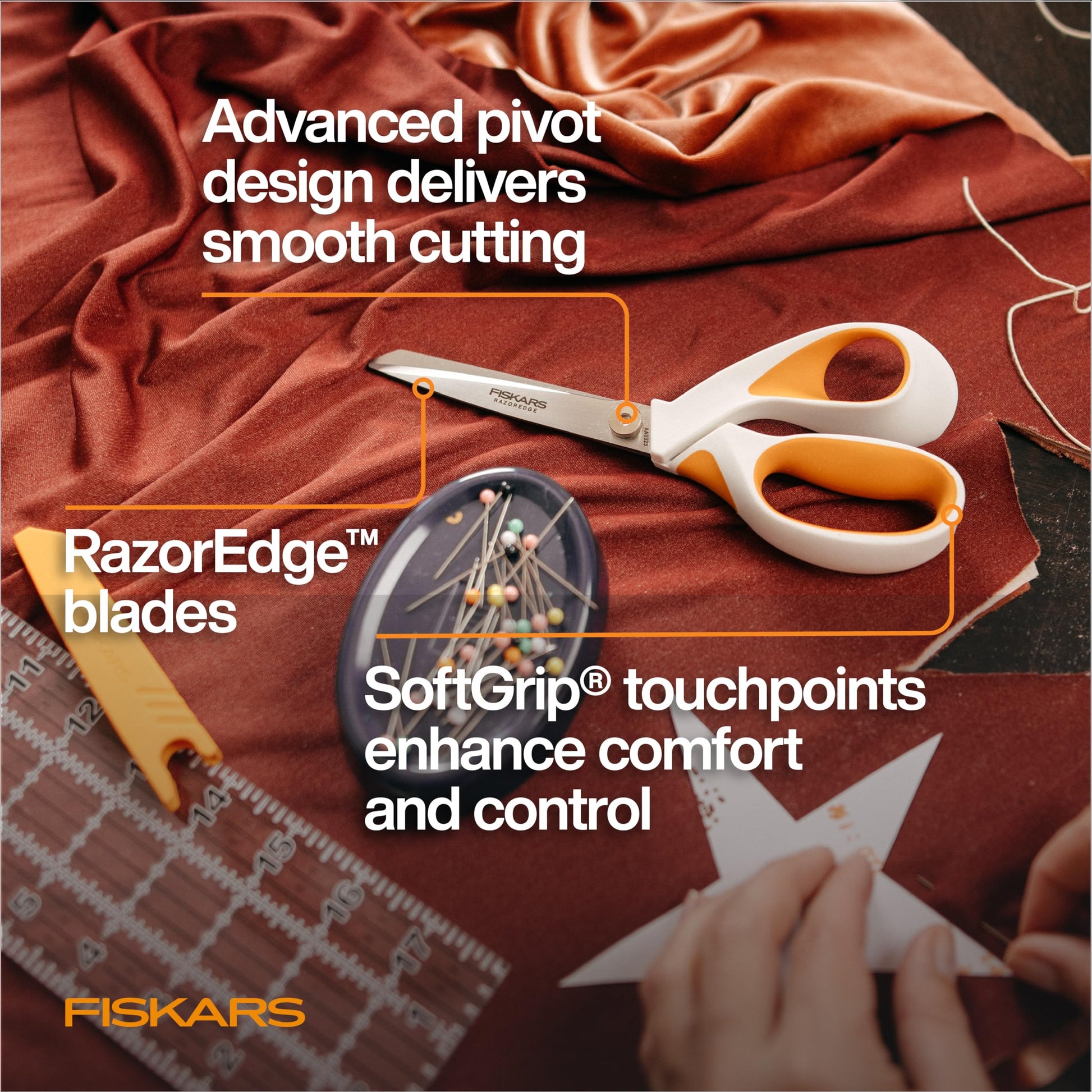 Fiskars RazorEdge Fabric Scissors - 8" Heavy Duty Fabric Shears with SoftGrip Ergonomic Handle, Premier Grade Stainless Steel Blades Fiskars