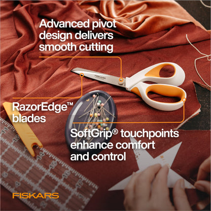 Fiskars RazorEdge Fabric Scissors - 8" Heavy Duty Fabric Shears with SoftGrip Ergonomic Handle, Premier Grade Stainless Steel Blades Fiskars