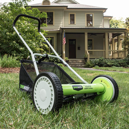 Greenworks 16-Inch Reel Lawn Mower with Grass Catcher 25052,Black/Green, 47" D x 22" W x 29.75" H - Available at All In One Marketplace Canada