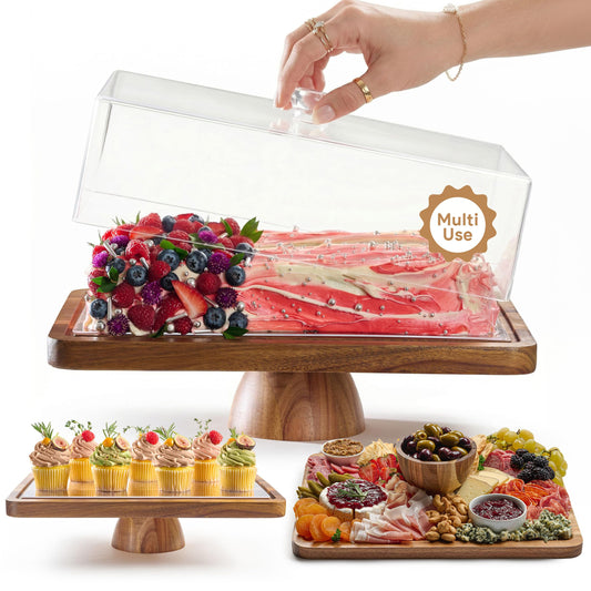 HOMESPHERE Acacia Wood Cake Stand with Lid - Rectangular Cake Holder, 2-in-1 Dessert Table Display Set & Charcuterie Board for Cheese, Chips, Fruit Platter, Large Acrylic Cake Dome Cover, No Glass 🍁 All In One Marketplace Canada