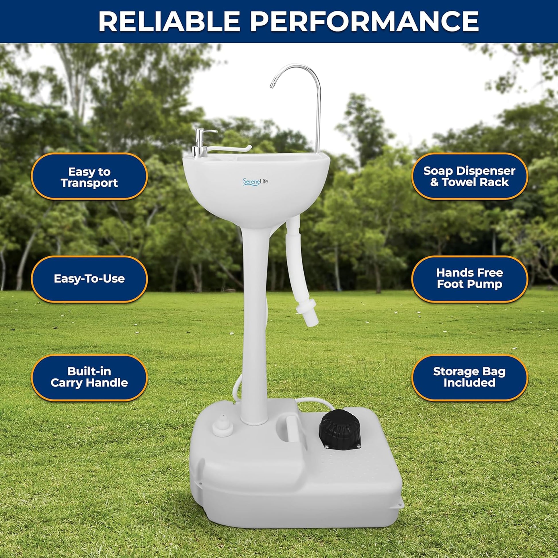 SereneLife, Portable Sink, Camping Hand Wash Basin with Water Tank and Rolling Wheels, Perfect for Indoor and Outdoor Use, Events, Worksites and More SereneLife