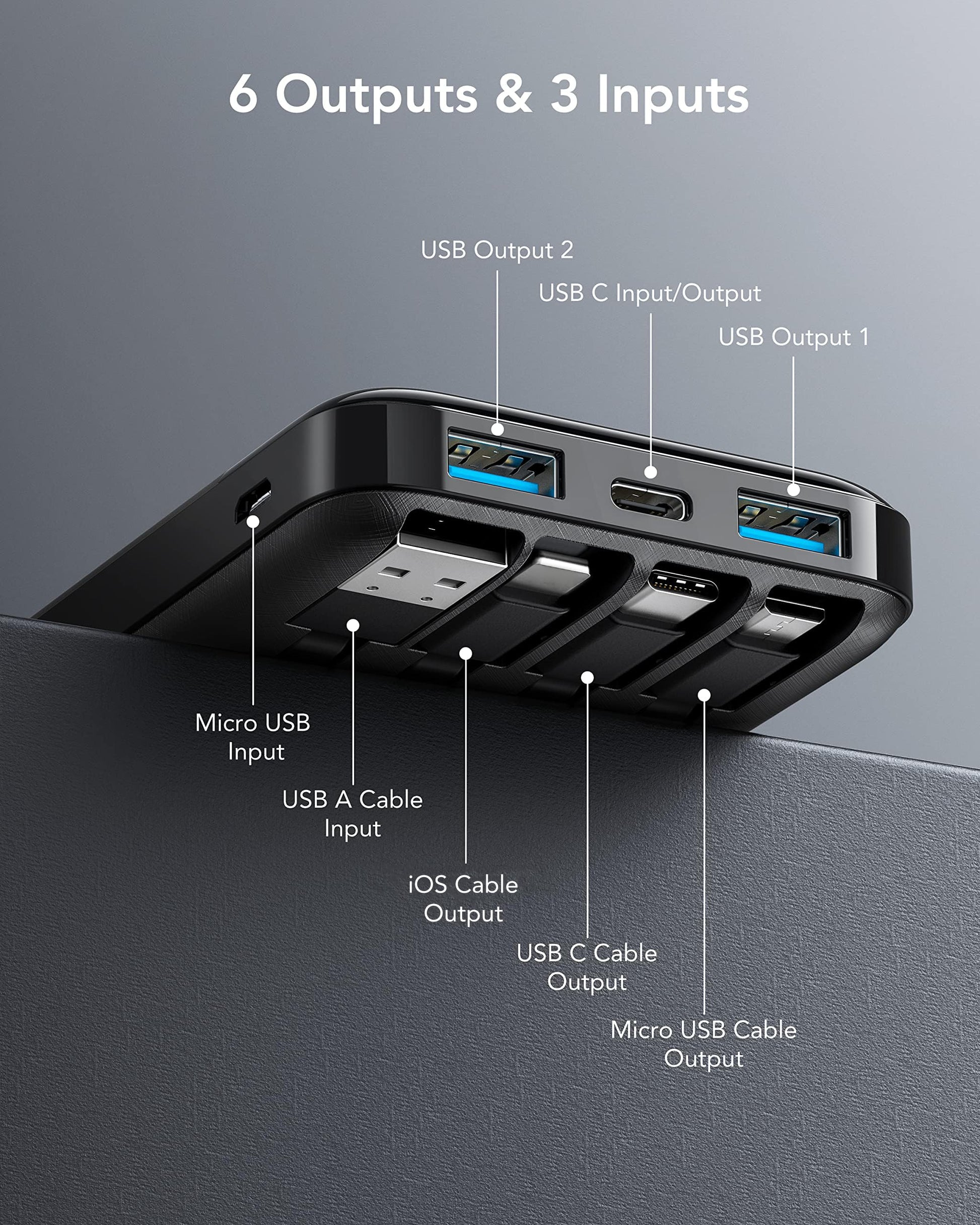 Charmast Power Bank with Built in Cables, 10000mAh USB C Battery Pack 6 Outputs 2 Inputs with LED Display Type C Powerbank Portable Charger Compatible with Smartphones Tablets and More (Black) - Available at All In One Marketplace Canada