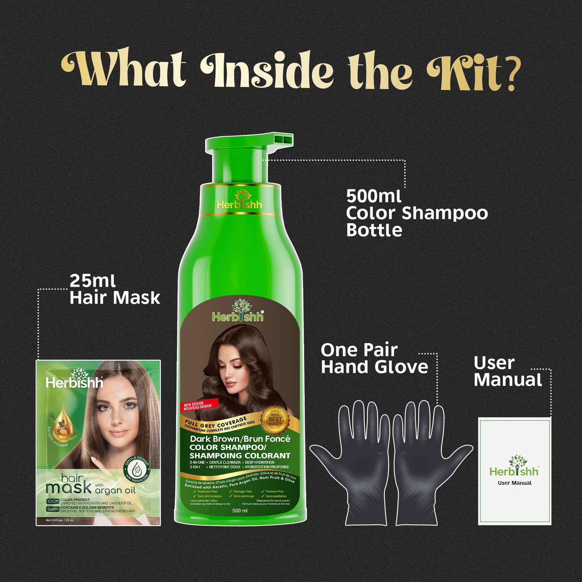 Herbishh Dark Brown Hair Dye Shampoo (500 mL), 3 in 1 Demi Permanent Hair Color Shampoo for Grey Coverage in 20-25 Minutes, Ideal for Women & Men. Ammonia-Free