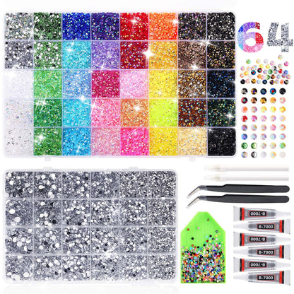 62,000pcs/64-Cells Bedazzling Kit, with 32,000pcs 3mm Nail Rhinestones in 40Colors for Bedazzling & 30,000pcs Clear Flatback Nail gems,6 Bottles B7000 Jewelry Glue, 2 Tweezers & 2 Dotting Pens - Available at All In One Marketplace Canada