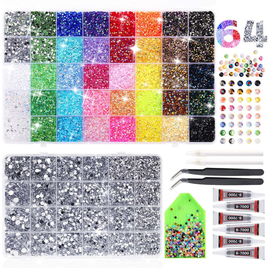 62,000pcs/64-Cells Bedazzling Kit, with 32,000pcs 3mm Nail Rhinestones in 40Colors for Bedazzling & 30,000pcs Clear Flatback Nail gems,6 Bottles B7000 Jewelry Glue, 2 Tweezers & 2 Dotting Pens - Available at All In One Marketplace Canada
