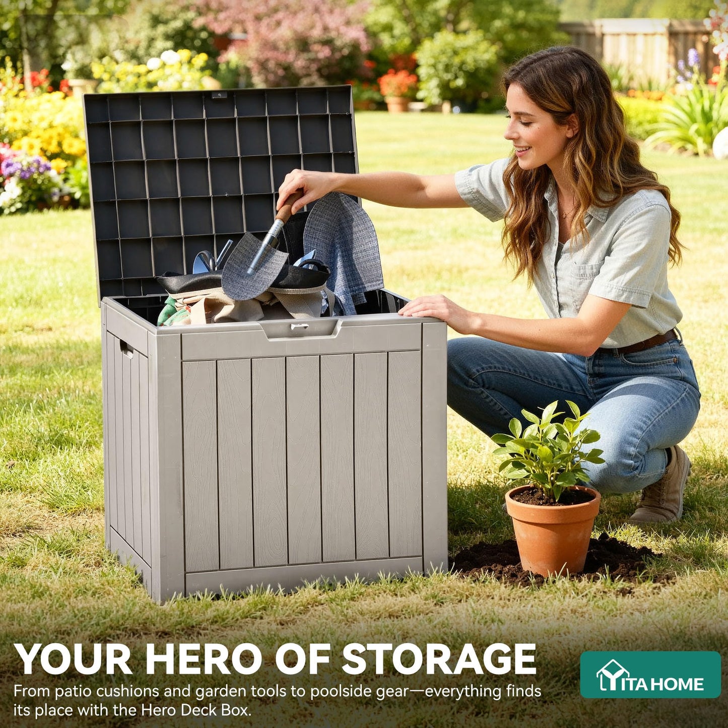 YITAHOME 31 Gallon Outdoor Storage Deck Box, Waterproof Resin Package Delivery and Storage Box with Lockable Lid for Patio Furniture Cushions, Pool Accessories, Garden Tools, Taupe YITAHOME