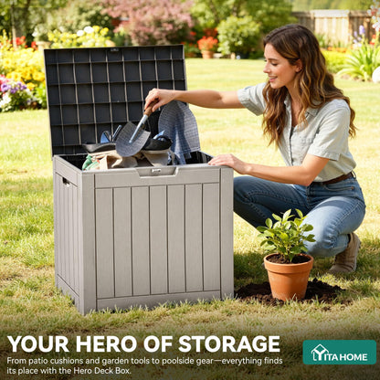 YITAHOME 31 Gallon Outdoor Storage Deck Box, Waterproof Resin Package Delivery and Storage Box with Lockable Lid for Patio Furniture Cushions, Pool Accessories, Garden Tools, Taupe YITAHOME