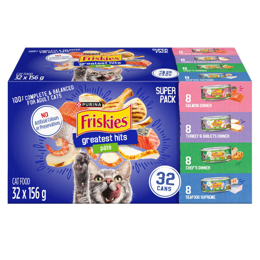 Friskies Greatest Hits Wet Cat Food, Pate Variety Pack 4 Flavours - 156 g Can (32 Pack)