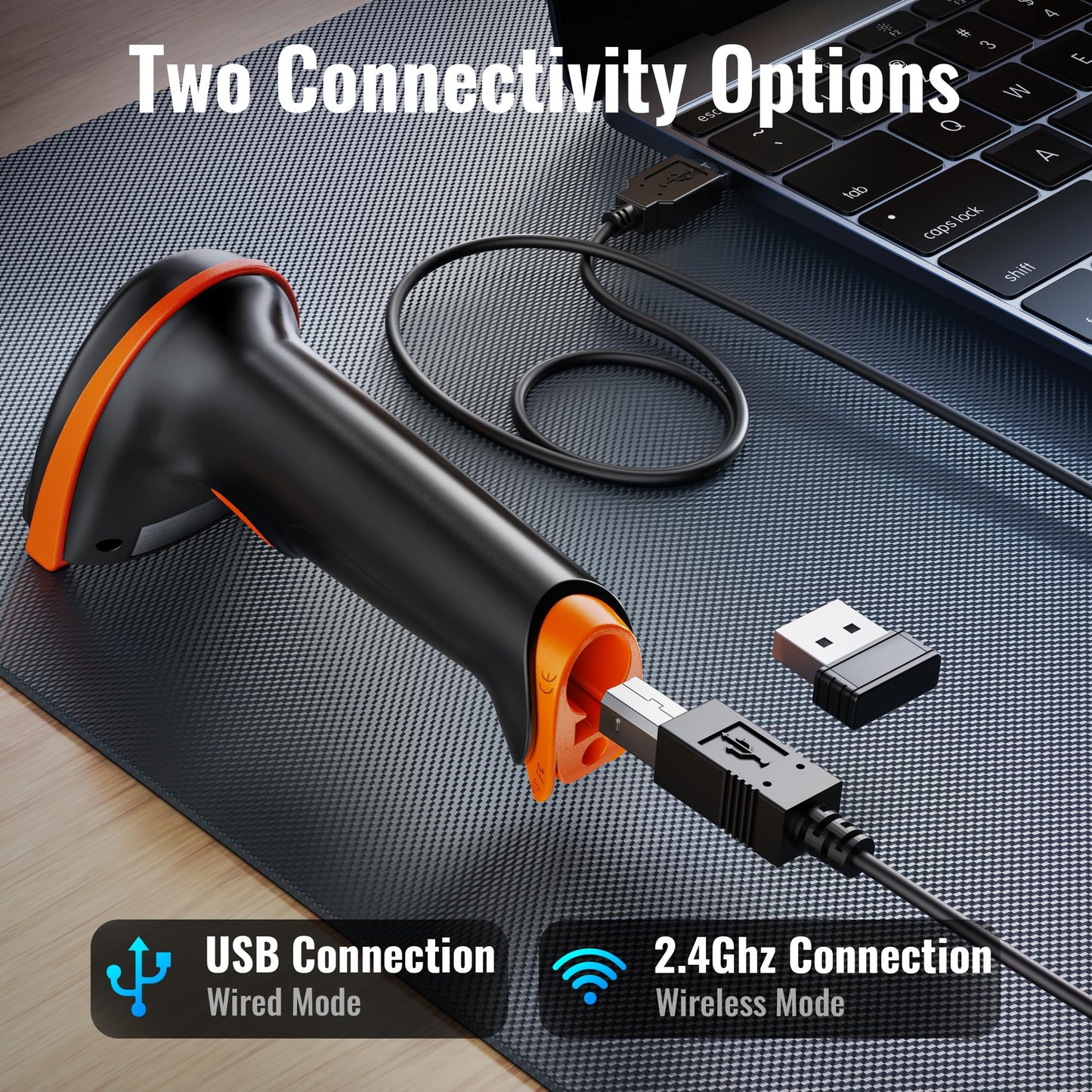 Tera Barcode Scanner Wireless 1D Laser Cordless Barcode Reader with Battery Level Indicator, Versatile 2 in 1 2.4Ghz Wireless and USB 2.0 Wired Tera