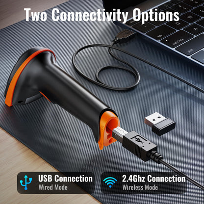 Tera Barcode Scanner Wireless 1D Laser Cordless Barcode Reader with Battery Level Indicator, Versatile 2 in 1 2.4Ghz Wireless and USB 2.0 Wired Tera