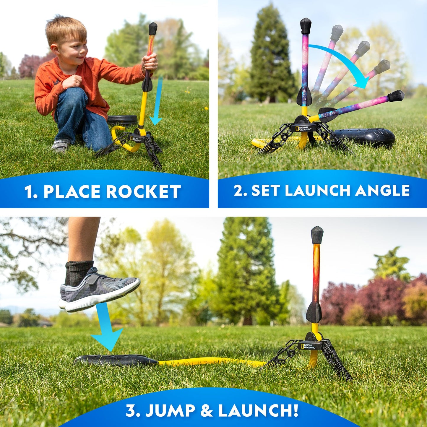 National Geographic Air Rocket Toy – LED Rocket Launcher for Kids, Jump & Launch Air Powered Foam Rockets up to 30.5 Meters, Kids Outdoor Activities