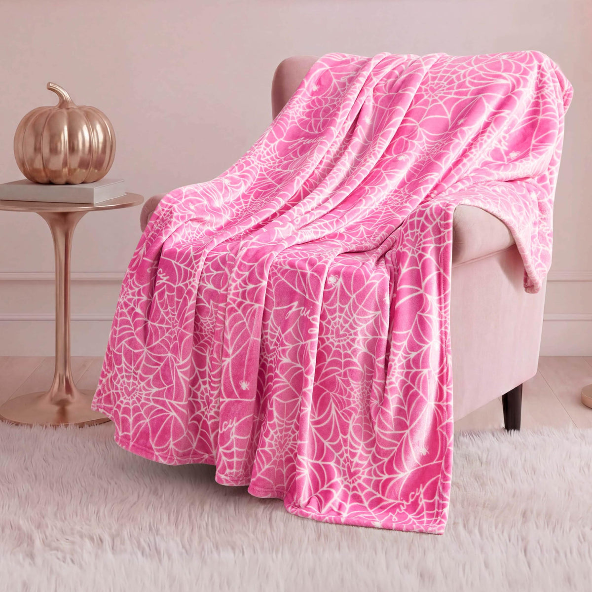 Juicy Couture Heart Spider Webs Halloween Plush Throw Blanket, Soft Polyester Decorative Throw for Sofa or Bed, Hot Pink, 50"x60"