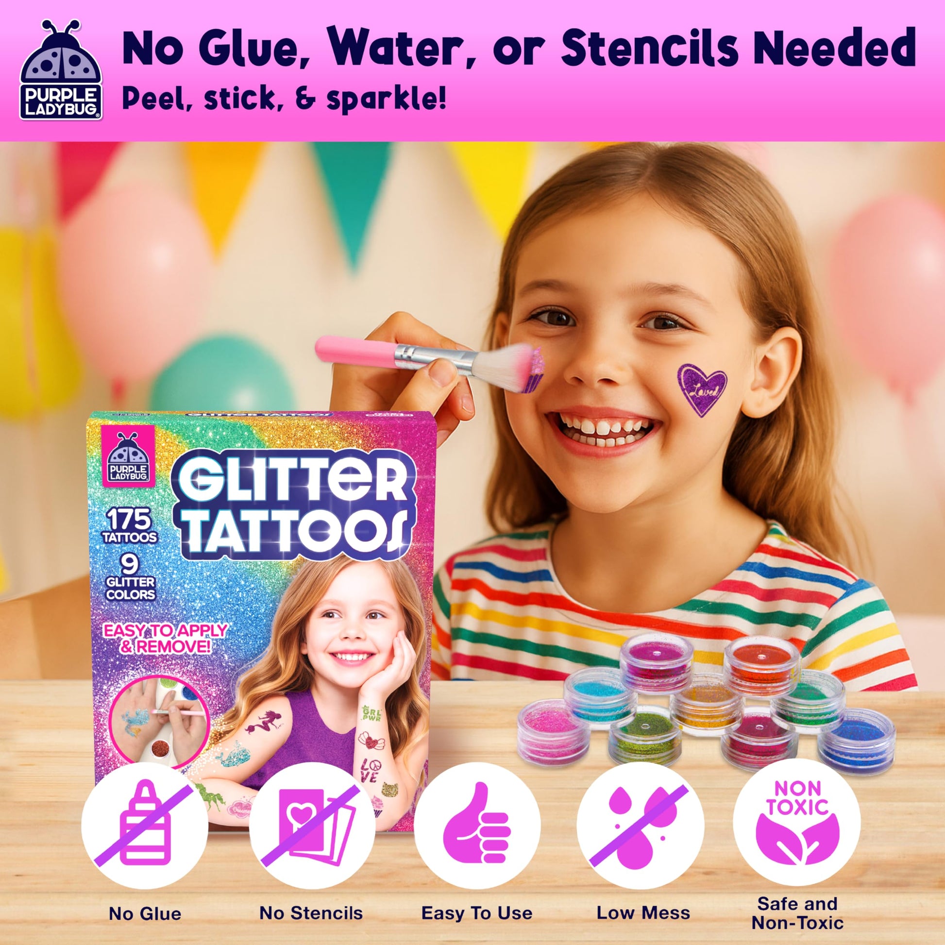 PURPLE LADYBUG 175 Glitter Tattoo Kit - Cute Temporary Tattoos for Kids 6-8 - Creative Girls Gifts 8-12 Years Old - Tween Girls Gift Ideas for Kids Age 6 7 8 9 10 11