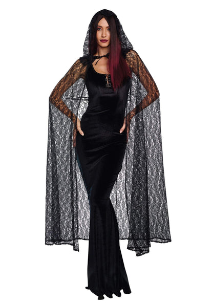 Cape en dentelle pour adulte Dreamgirl, accessoire de costume d'Halloween, cape à capuche pour femme, noir, taille unique