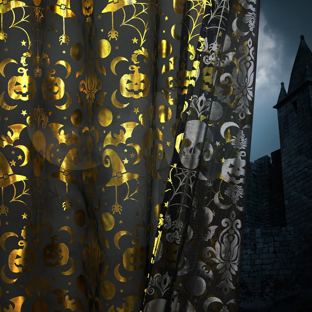 Rideaux d'Halloween NICETOWN, 84 pouces de long, rideaux transparents effrayants avec motifs de crânes, décorations de fête avec squelettes et citrouilles, habillage de fenêtre pour intérieur et extérieur, design à œillets, L52 x H84, noir, 2 panneaux