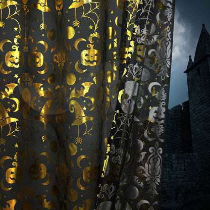 Rideaux d'Halloween NICETOWN, 84 pouces de long, rideaux transparents effrayants avec motifs de crânes, décorations de fête avec squelettes et citrouilles, habillage de fenêtre pour intérieur et extérieur, design à œillets, L52 x H84, noir, 2 panneaux