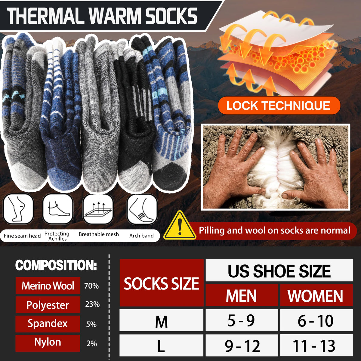 Merino Wool Socks for Women Men Thermal Winter Warm Hiking Crew Boot Work Thick Cozy Gift Socks Stocking Stuffers 5 Pairs(Purplish Blue Grey,L) 🍁 All In One Marketplace Canada
