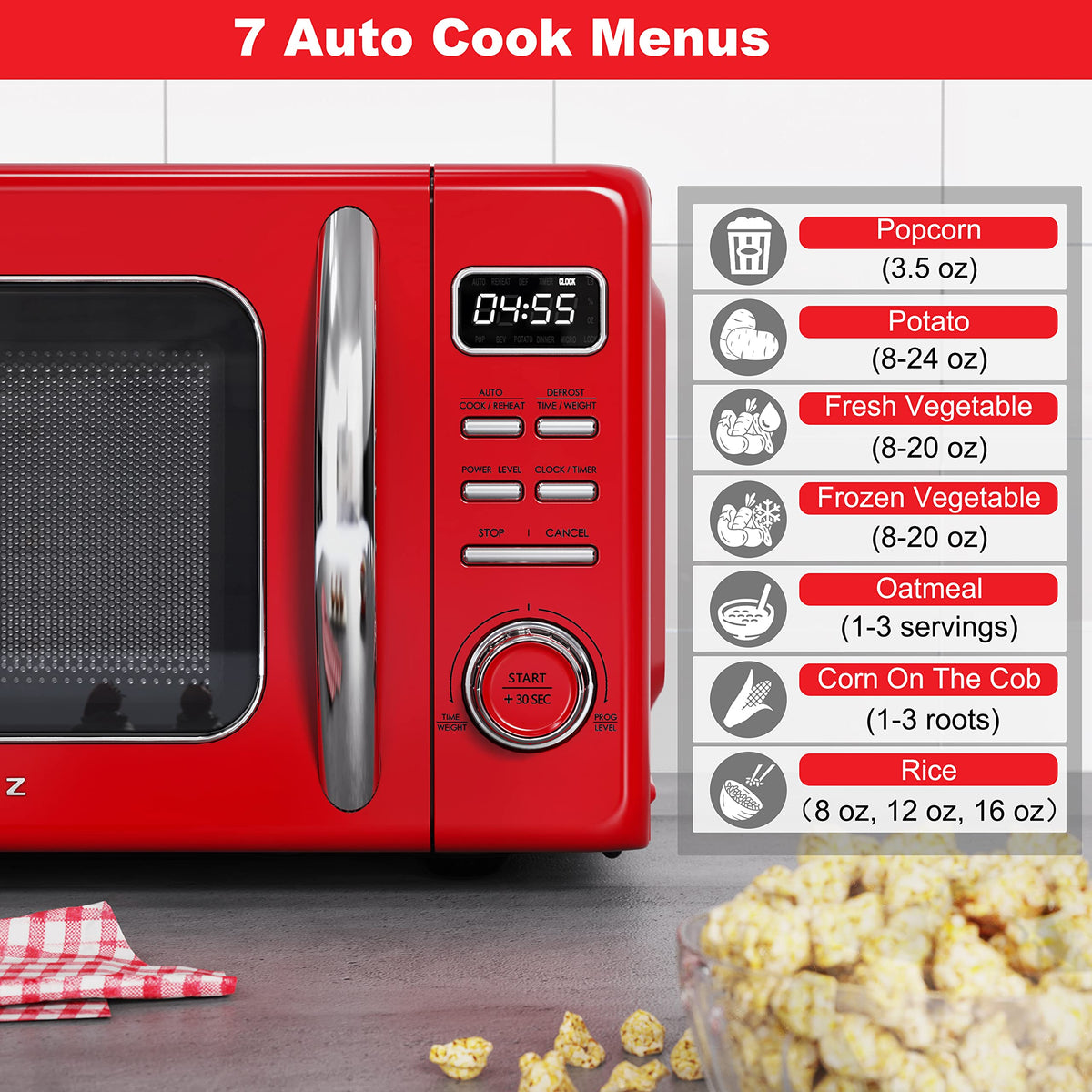 Galanz GLCMKZ07RDR07 Retro Countertop Microwave Oven with Auto Cook & Reheat, Defrost, Quick Start Functions, Easy Clean with Glass Turntable, Pull Handle,0.7 cu ft, Red