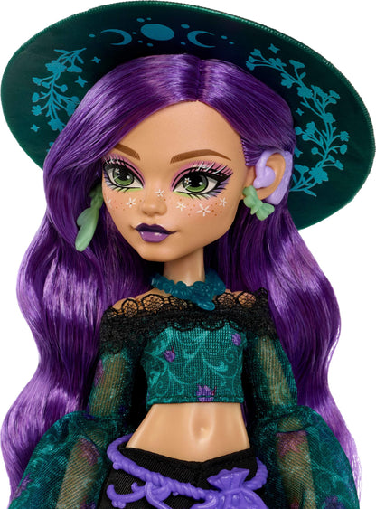 Monster High Doll, Moonspell Magic by Monster High Willow Thorne The Nature Witch with Hearing Aid, Cauldron Surprise & Accessories like Herb Jar