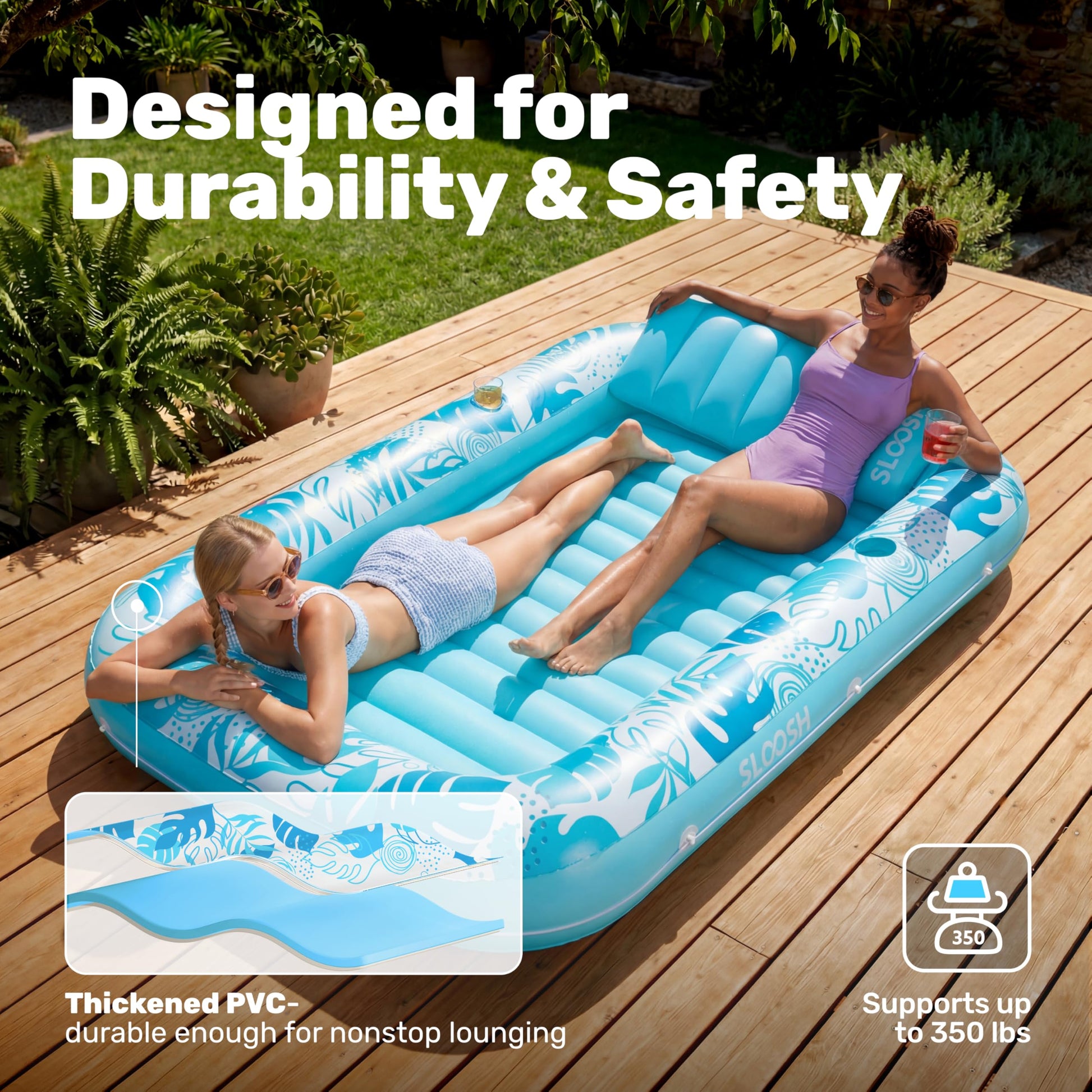 Sloosh Inflatable Tanning Pool Lounger Float-XL, 85" x 57" Extra Large Suntan Sun Tan tub for Adults, Bed Blow up, Raft Lounge Floatie, XL-Blue