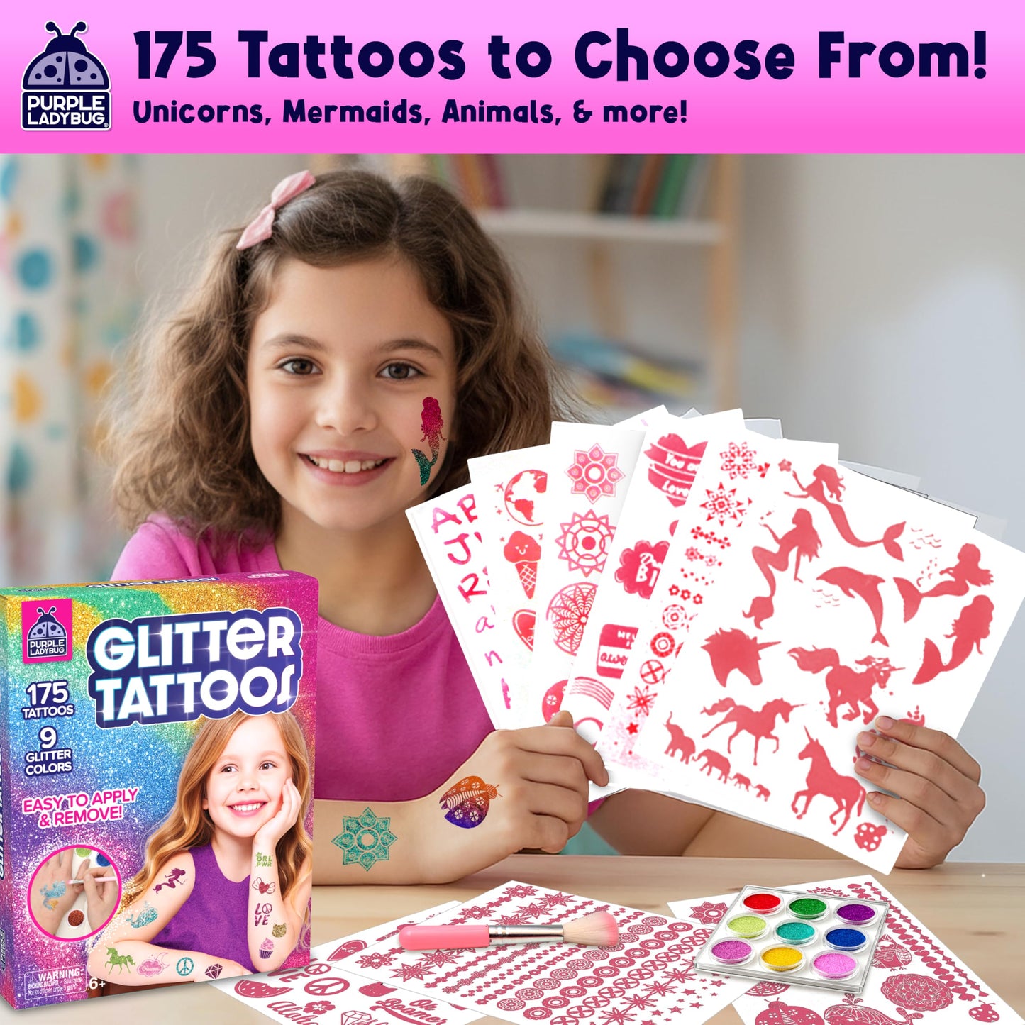 PURPLE LADYBUG 175 Glitter Tattoo Kit - Cute Temporary Tattoos for Kids 6-8 - Creative Girls Gifts 8-12 Years Old - Tween Girls Gift Ideas for Kids Age 6 7 8 9 10 11