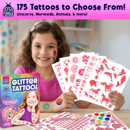 PURPLE LADYBUG 175 Glitter Tattoo Kit - Cute Temporary Tattoos for Kids 6-8 - Creative Girls Gifts 8-12 Years Old - Tween Girls Gift Ideas for Kids Age 6 7 8 9 10 11