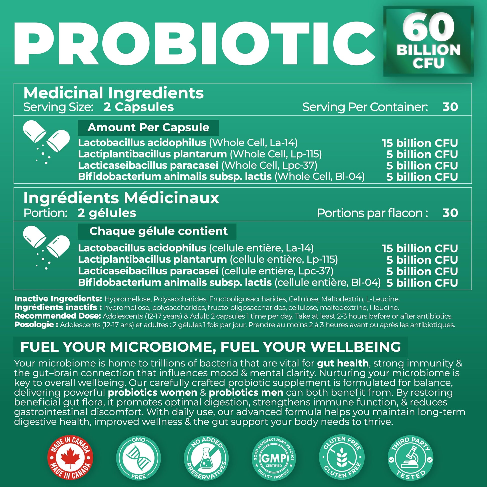 Probiotics Women & Men - 60 Billion CFU Probiotic + Prebiotics | Delayed Release Capsules Survive Stomach Acid for Max Potency | Digestive & Immune Support | Bloating & Gas Relief | Shelf Stable Lactobacillus Strains | Canadian Made, 3rd Party Tested - Available at All In One Marketplace Canada