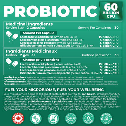 Probiotics Women & Men - 60 Billion CFU Probiotic + Prebiotics | Delayed Release Capsules Survive Stomach Acid for Max Potency | Digestive & Immune Support | Bloating & Gas Relief | Shelf Stable Lactobacillus Strains | Canadian Made, 3rd Party Tested - Available at All In One Marketplace Canada