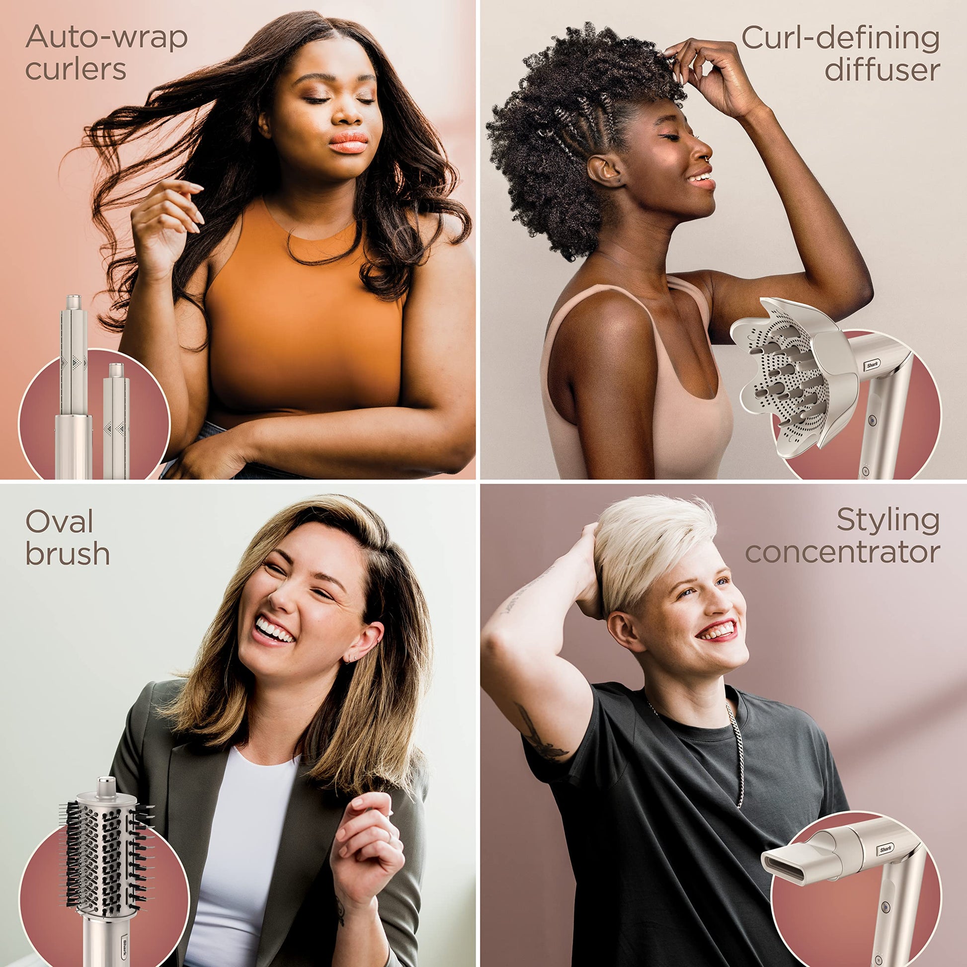 Shark FlexStyle Air Styling & Drying System, Powerful Hair Blow Dryer Multi-Styler Auto-Wrap Curlers, Curl-Defining Diffuser, Oval Brush & Concentrator Attachment, HD435C (Canadian Version), Stone Shark