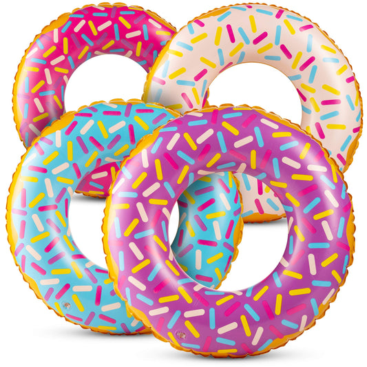 Inflatable Donuts - (Pack of 4) 24 Inch Donut Pool Float for Kids Pool Tube, Assorted Swim Rings with Sprinkles for Pool Floaties, Party Decorations, Giveaways and Kids Party Favors