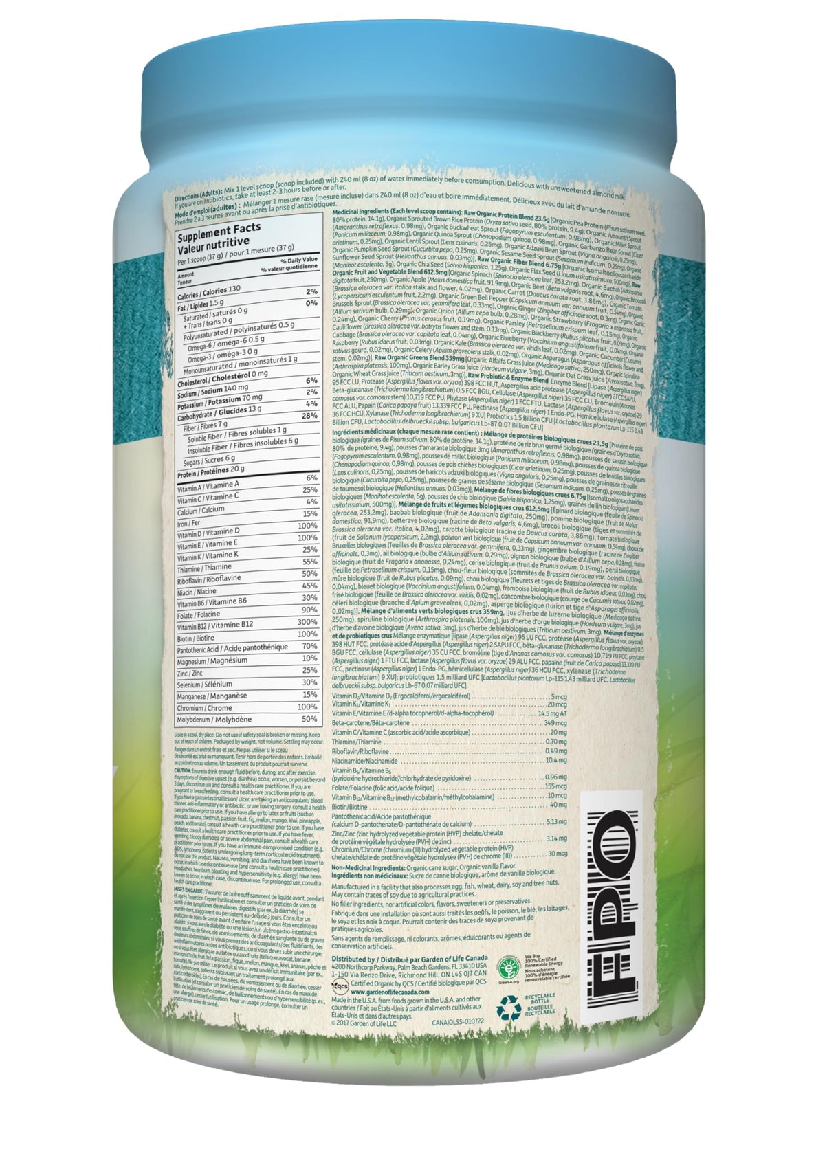 Garden of Life Raw All-in-One Shake, Lightly Sweet, 1038g, 28 Servings, 20g Plant Protein with 44 Superfoods, 21 Vitamins and Minerals for Daily Nutrition and Muscle Support
