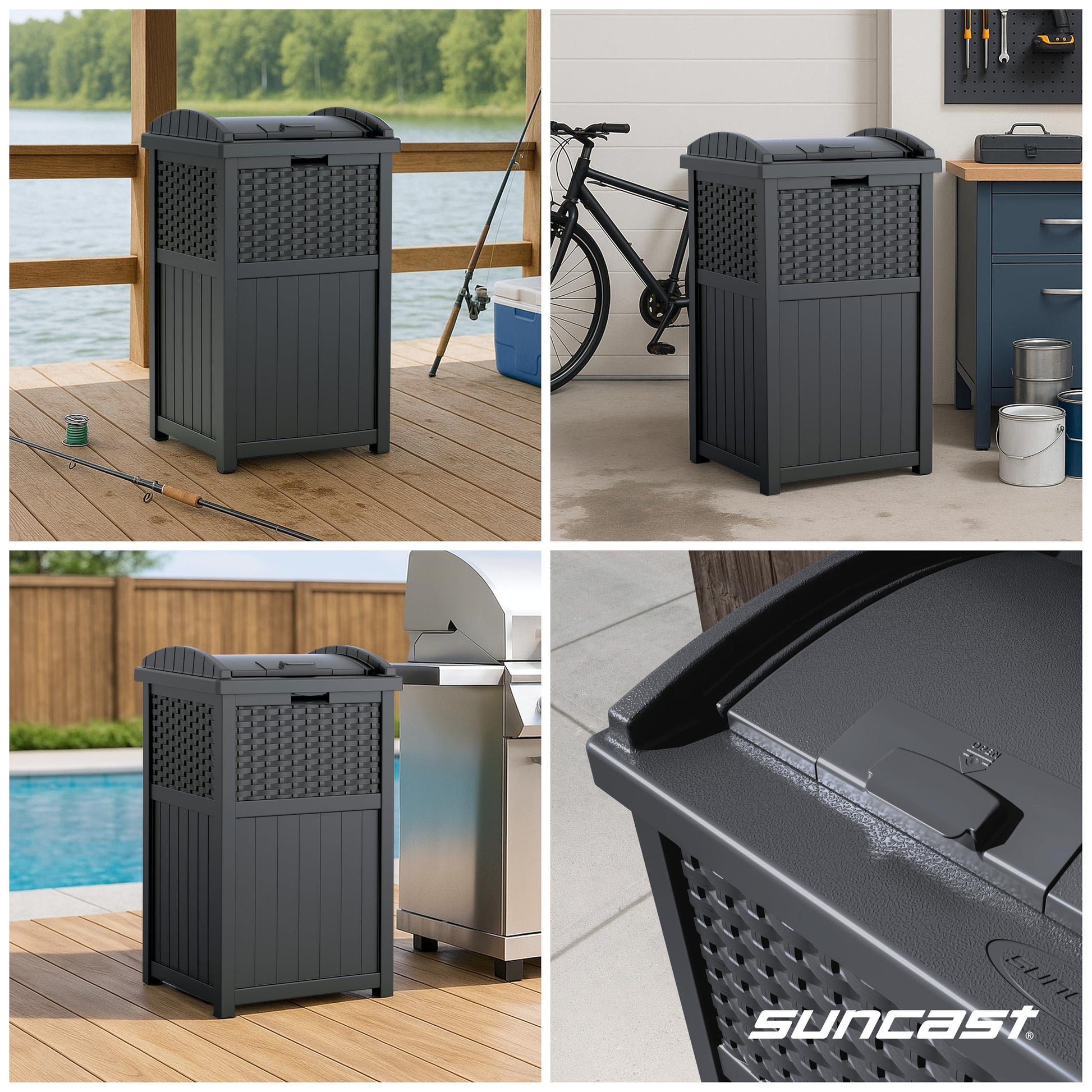 Suncast 33 Gallon Wicker-Style Hideaway Trash Can with Secure Latching Lid and Weather-Resistant Construction for Patio, Cyberspace Grey, Made in the USA Suncast