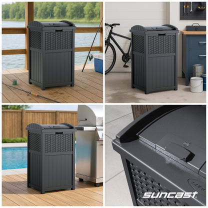 Suncast 33 Gallon Wicker-Style Hideaway Trash Can with Secure Latching Lid and Weather-Resistant Construction for Patio, Cyberspace Grey, Made in the USA Suncast