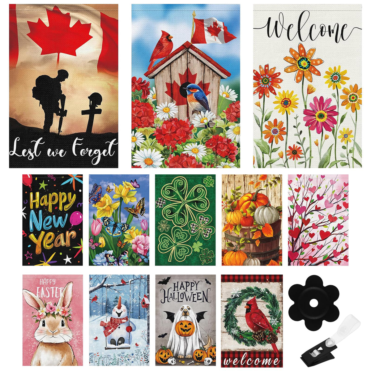 Louise Maelys 12 Sets Seasonal Garden Flag 12x18 Inch Double Sided Small Burlap Welcome Canada Day Spring Summer Fall Halloween Christmas Winter Patriotic Yard Decor Outdoor Outside House Drapeau with Anti-Wind Clip and Stopper
