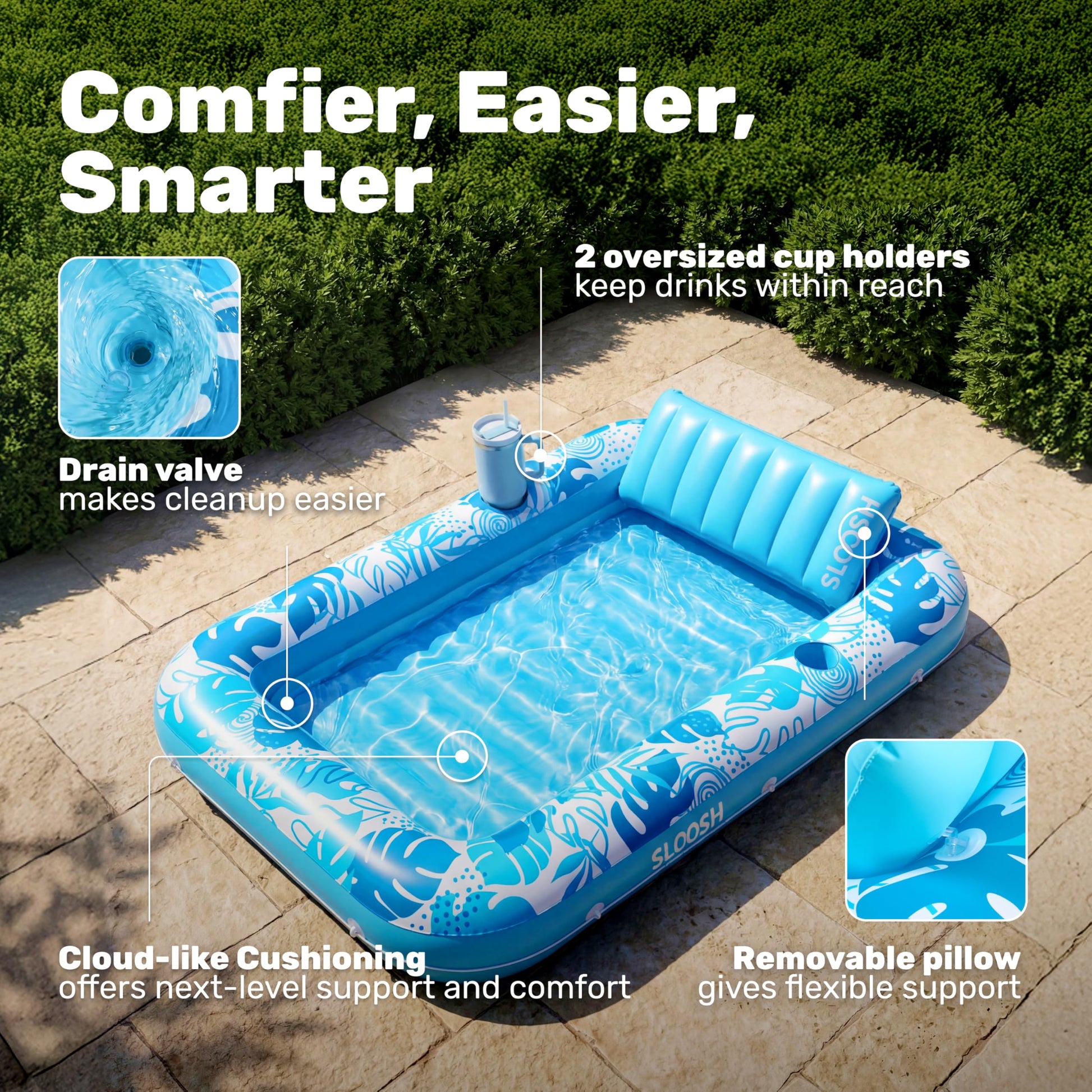 Sloosh Inflatable Tanning Pool Lounger Float-XL, 85" x 57" Extra Large Suntan Sun Tan tub for Adults, Bed Blow up, Raft Lounge Floatie, XL-Blue