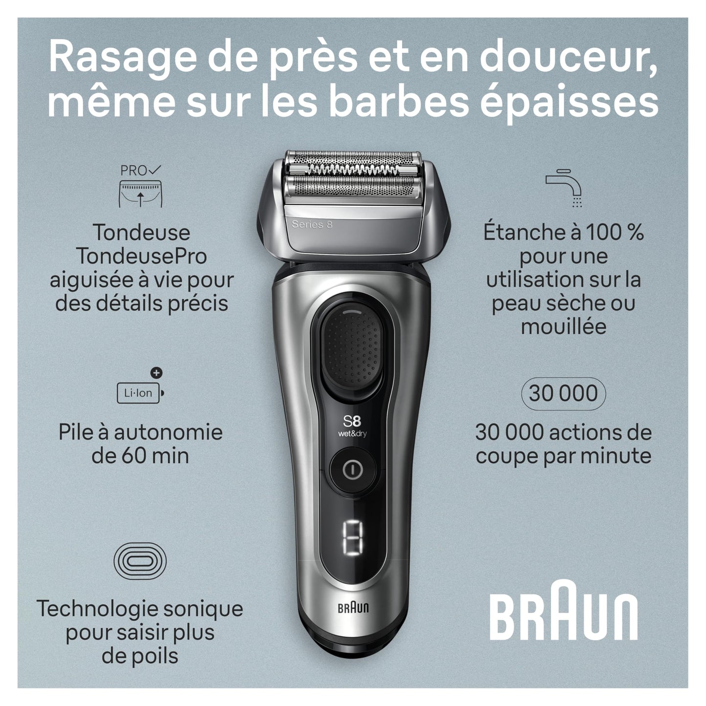 Braun Series 8 Electric Shaver for Men with Precision Long Hair Trimmer, Wet and Dry Electric Razor with Charging Stand and Travel Case, 8517s Galvano Silver - Available at All In One Marketplace Canada