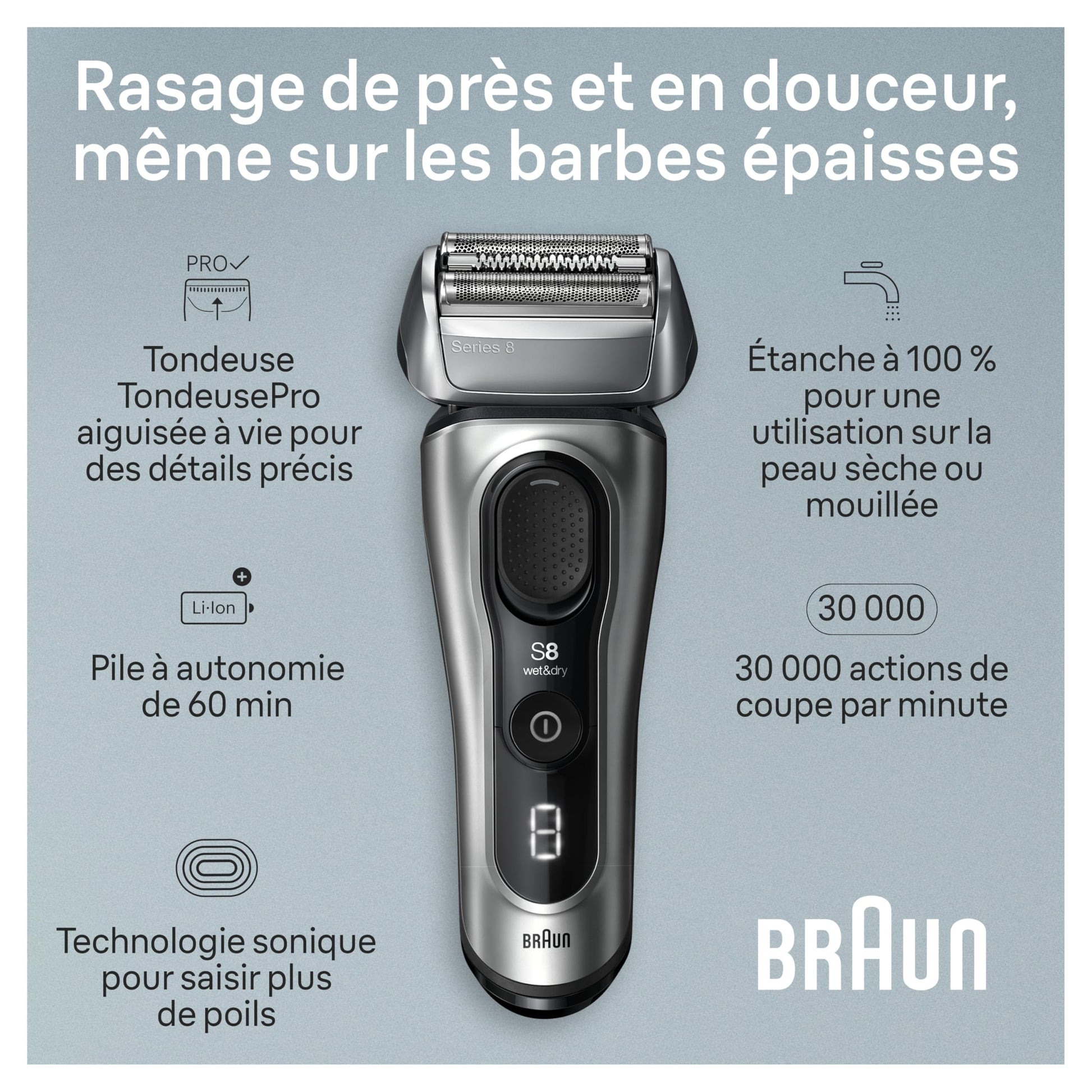 Braun Series 8 Electric Shaver for Men with Precision Long Hair Trimmer, Wet and Dry Electric Razor with Charging Stand and Travel Case, 8517s Galvano Silver - Available at All In One Marketplace Canada