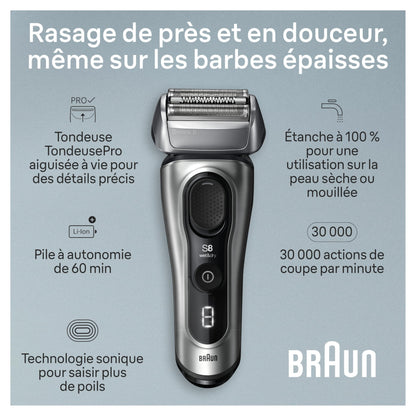 Braun Series 8 Electric Shaver for Men with Precision Long Hair Trimmer, Wet and Dry Electric Razor with Charging Stand and Travel Case, 8517s Galvano Silver - Available at All In One Marketplace Canada