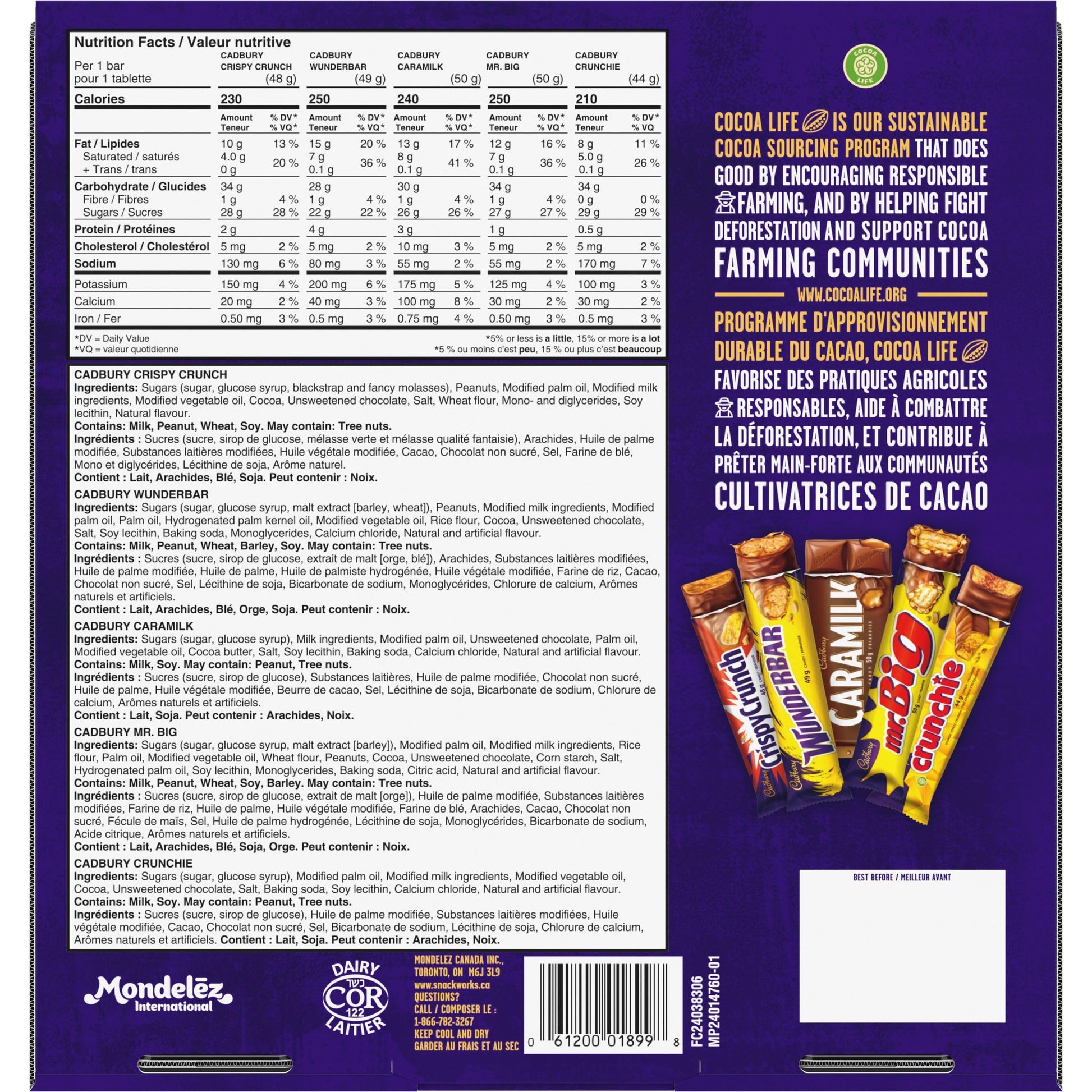 Cadbury 18-Bar Chocolate Variety Pack with Caramilk, Mr. Big, Wunderbar, Crunchie & Crispy Crunch - 880g