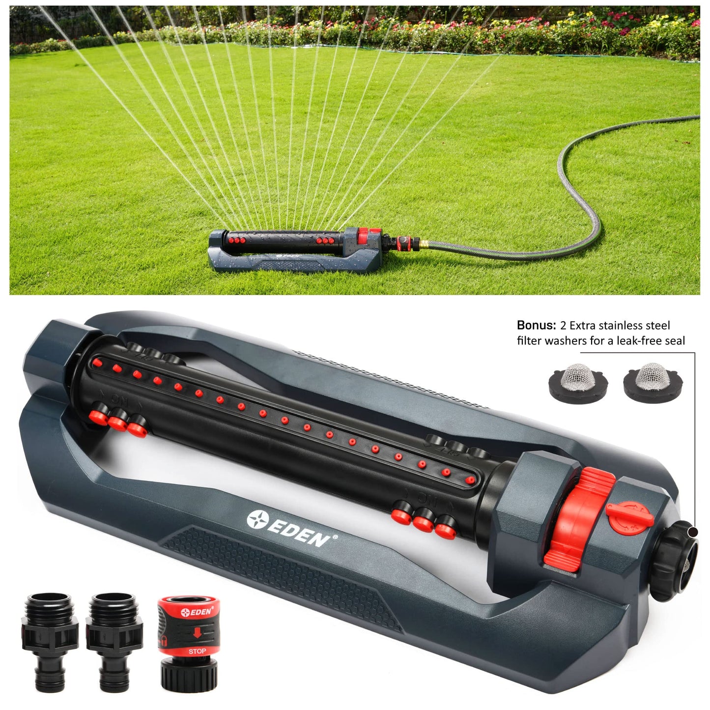 Eden 96212 Turbo Oscillating Sprinkler | Covers Up to 4,400 sq. ft., 18 Precision Nozzles, Adjustable Range, Flow Control, Triple Nozzle Width Switches, Turbo Drive Motor, Quick Connect Bundle Eden
