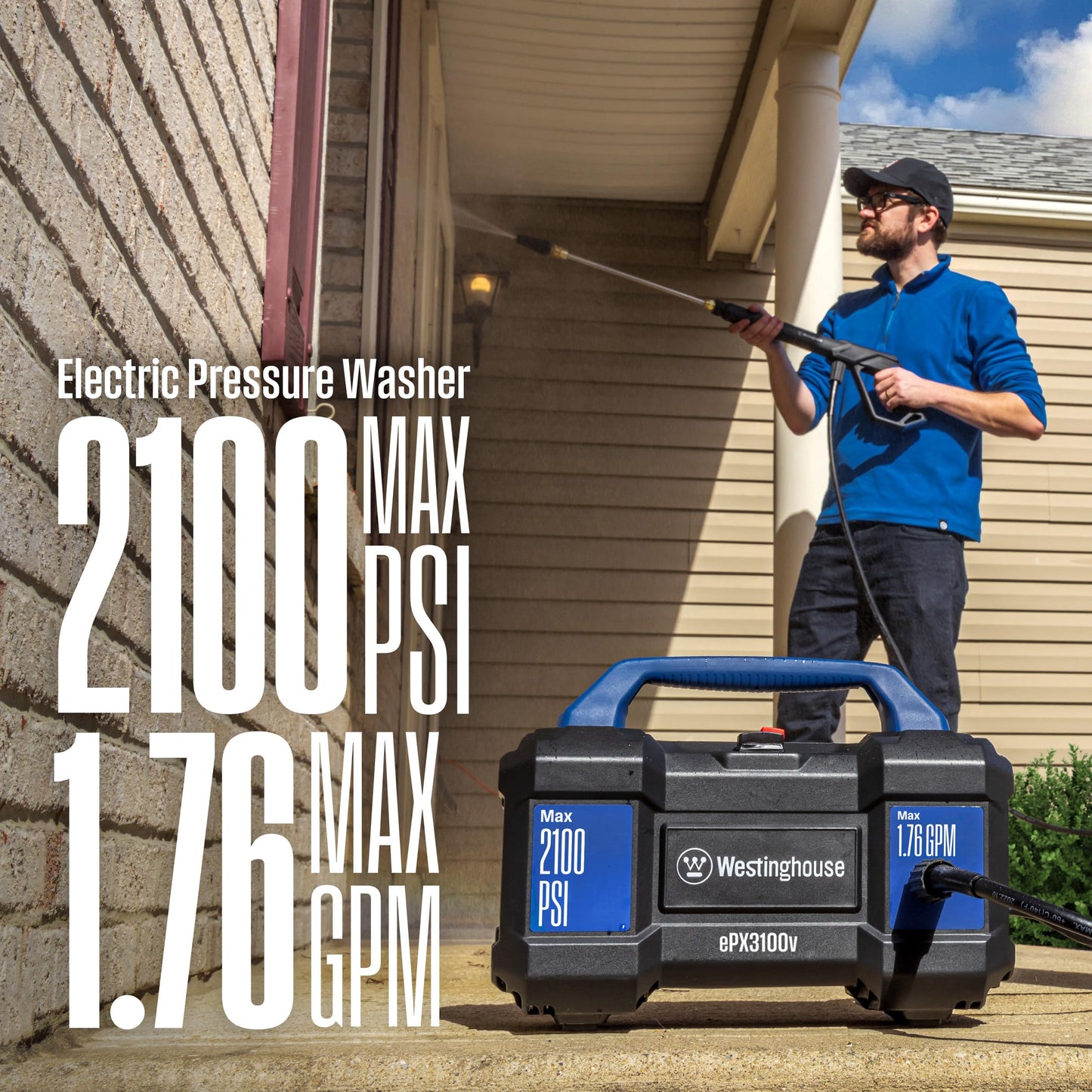 Westinghouse ePX3100v Electric Pressure Washer, 2100 Max PSI 1.76 Max GPM, Built-in Carry Handle, Detachable Foam Cannon, Pro-Style Steel Wand, 3-Nozzle Set, for Cars/Fences/Driveways/Home/Patios Westinghouse